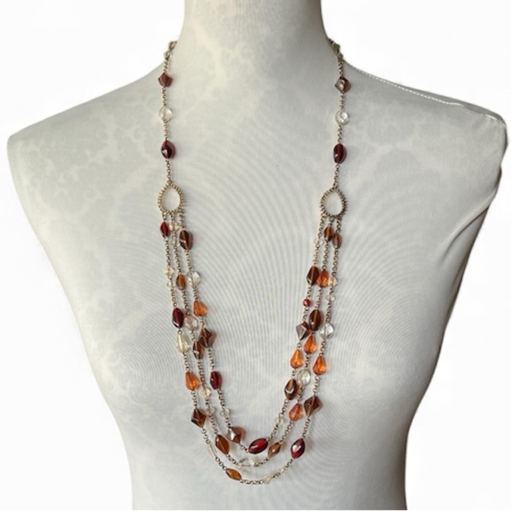 Multi-Strand Beaded Necklace | Amber, Brown & Red Beads | Layered